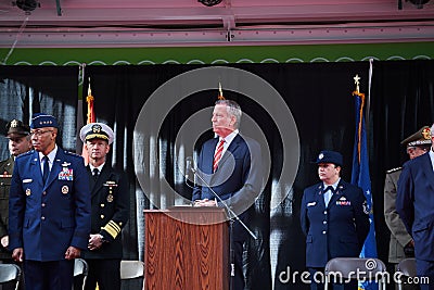 Military Air Force officials standing on podium next to NYC Mayor Bill de Blasio Editorial Stock Photo