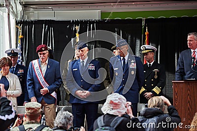 Military Air Force officials standing on podium next to NYC Mayor Editorial Stock Photo