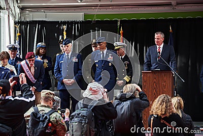 Military Air Force officials standing on podium next to NYC Mayor Editorial Stock Photo