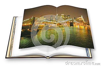 Manhattan waterfront with Brooklyn Bridge at night - New York City USA - 3D render concept image of an opened photo book with Stock Photo