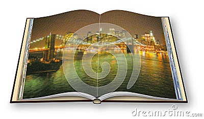 Manhattan waterfront with Brooklyn Bridge at night - New York City USA - 3D render concept image of an opened photo book with pi Stock Photo