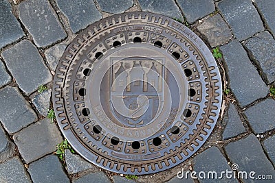 Manhole cover sewer Prague Stock Photo