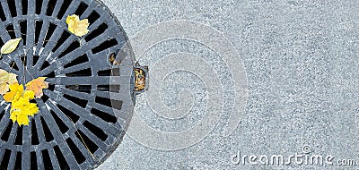 Manhole cover round black metal lattice of improvement city pedestrian sidewalk. Stock Photo