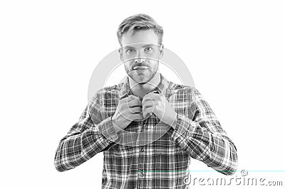 Manhood. Macho man wearing checkered shirt. Male fashion summer trends. Unshaven man skin care. Barbershop concept. Sexy Stock Photo
