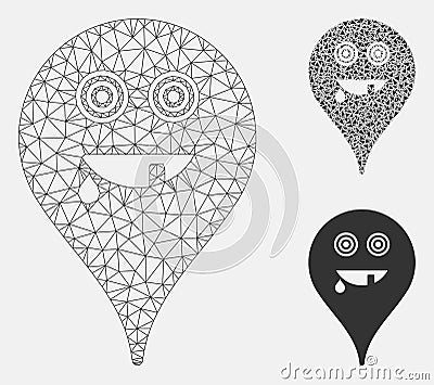 Maniac Smiley Map Marker Vector Mesh Carcass Model and Triangle Mosaic Icon Vector Illustration
