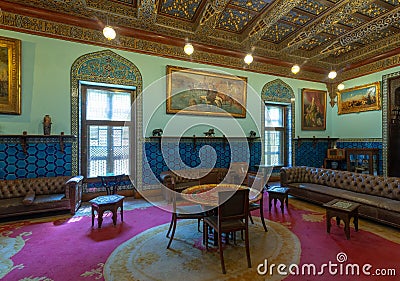 Manial Palace of Prince Mohammed Ali. Living room at the residence building with Turkish floral blue ceramic tiles, Cairo, Egypt Editorial Stock Photo