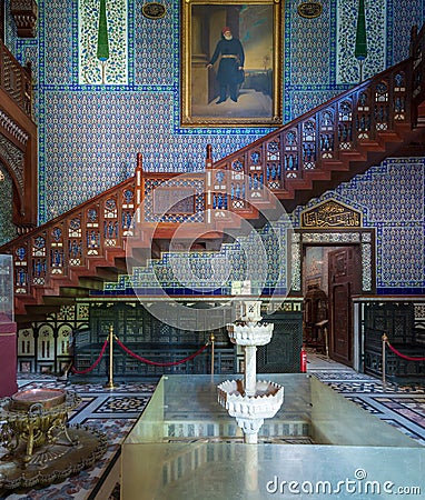 Manial Palace of Prince Mohammed Ali. Main hall of residence building with Turkish floral blue pattern ceramic tiles, Cairo, Egypt Editorial Stock Photo