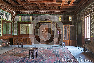 Manial Palace of Prince Mohammed Ali. Moroccan hall with blue Turkish floral pattern ceramic tiles, Cairo, Egypt Stock Photo