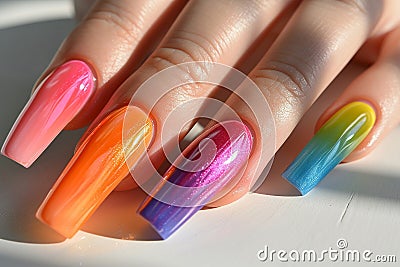 Manicure closeup. Woman bright nails close-up. Nail care in beauty salon. Spa healthy treatments for female hands. Fashion bright Stock Photo