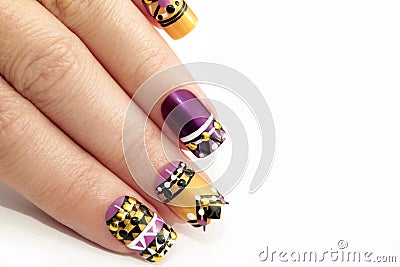Manicure with colorful ethnic design Stock Photo