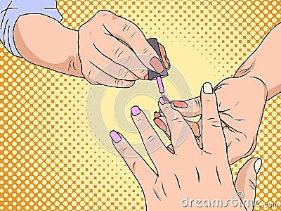 Manicure is a cosmetic beauty treatment for the fingernails and hands, performed at home or in a nail salon. Pop art Vector Illustration