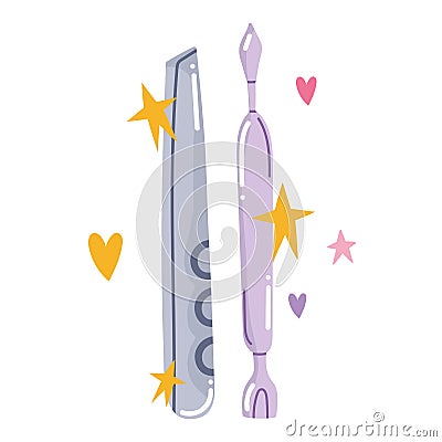 manicure cuticle pusher and file care tool in cartoon style Vector Illustration