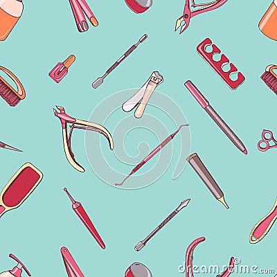 Manicure equipment seamless pattern. Hand drawn contour background. Vector Illustration