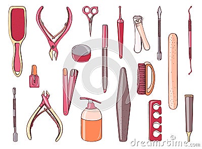 Manicure equipment set. Collection different tool nailfile, clippers, scissors. Hand drawn colorful illustration. Vector Illustration