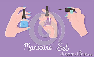manicure, female hands holds nails polish color, set purple background Vector Illustration