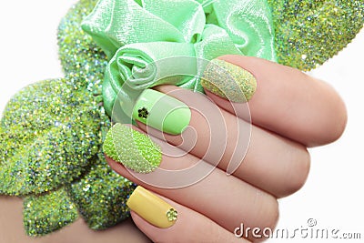 Manicure with green rose. Stock Photo
