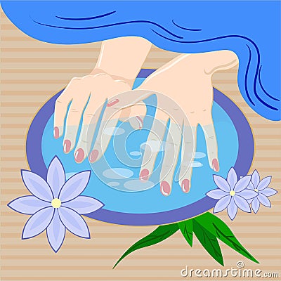 Manicure, hand care. Woman s manicured hands with bowl and flowers, vector illustration Vector Illustration