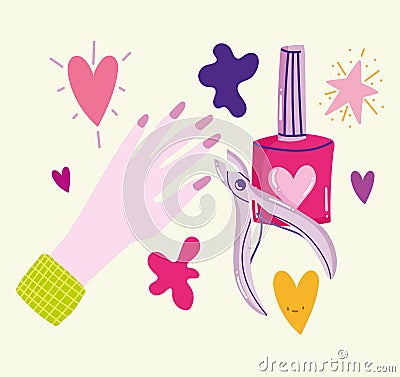 manicure hand nail polish and cuticle trimmer care cartoon Vector Illustration