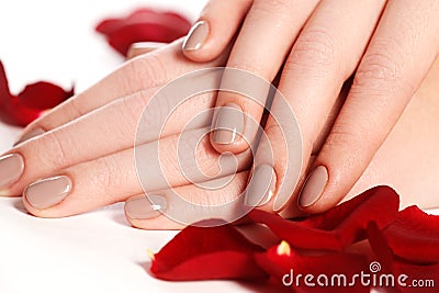 Manicure, hands & spa. Beautiful woman hands, soft skin, beautiful nails. Healthy woman hands. Beauty salon. Beauty treatment. Fe Stock Photo