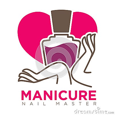 Manicure logotype with female hands holding nail polish Vector Illustration