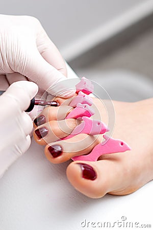 Manicure master is painting female toenails Stock Photo