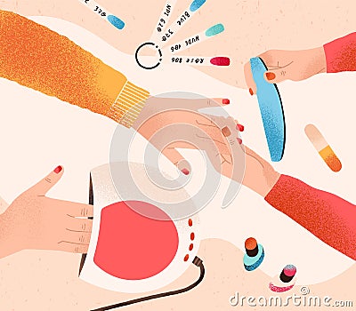 Manicure and nail care process. Professional manicurist with client. Table with gel polish, swatch palette and UV lamp Vector Illustration