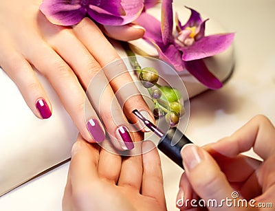 Manicure nail paint pink color Stock Photo
