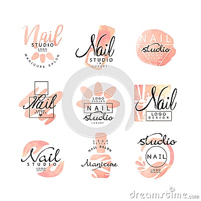 Manicure nail studio logo design set, creative templates for nail bar, beauty saloon, manicurist technician vector Vector Illustration