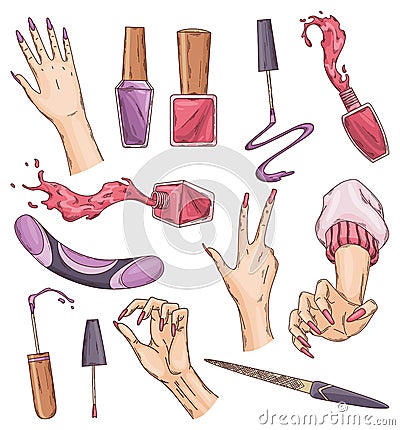 Manicure of nails. Female hands and various manicure accessories, equipment, tools. Element for banner or business card Vector Illustration