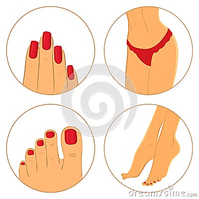 Manicure, pedicure and bodycare concept. Icon set Vector Illustration