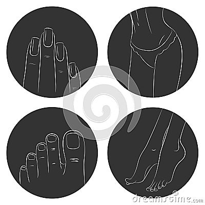 Manicure, pedicure and bodycare concept. Icon set Vector Illustration