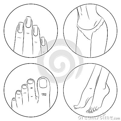 Manicure, pedicure and bodycare concept. Icon set Vector Illustration