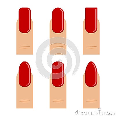 Manicure. Set of finger with red nail polish, different shapes nail. Vector illustration Cartoon Illustration