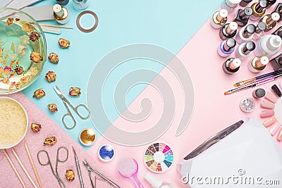 Manicure - tools for creating, gel polishes, everything for nail care, beauty and care concept. Banner for inscriptions salon. Stock Photo