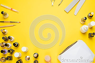Manicure - tools for creating, gel polishes, everything for nail care, beauty and care concept. Banner for inscriptions salon. Stock Photo
