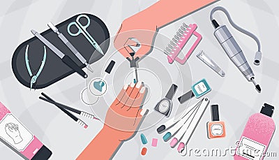 Manicure top view. Nail polish drying in salon lamp, cartoon manicure procedure in flat style with hands tools and Vector Illustration