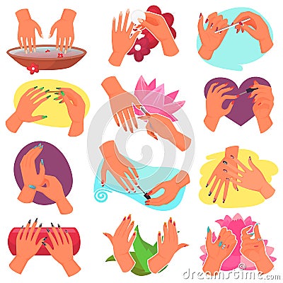 Manicure vector manicured hands and manicuring fingernails with nail file by manicurist in nail bar illustration set of Vector Illustration