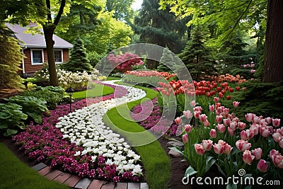 Manicured Flower beds paths backyard. Generate Ai Stock Photo