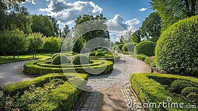 Manicured garden pathway with trimmed hedges and cobblestone walkway Stock Photo