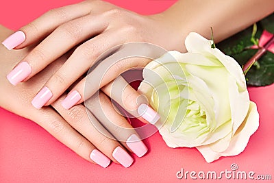Manicured nails with pink nail polish. Manicure with nailpolish. Fashion art manicure, shiny gel lacquer. Nails salon Stock Photo