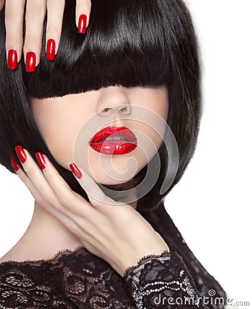 Manicured Nails. Red Lips. Black Bob Hairstyle. Brunette 