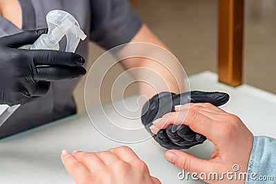 Manicurist applies spray to clients hands Stock Photo
