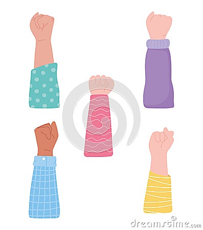 Manifestation protest activists, different raised hands protesting Vector Illustration