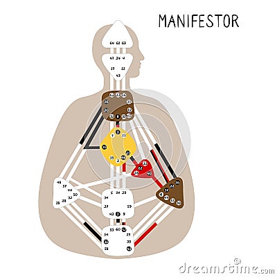 Manifestor. Human Design BodyGraph. Nine colored energy centers Vector Illustration