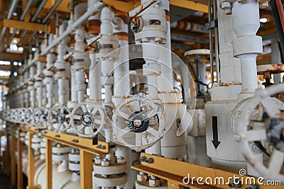 Manifold line of oil and gas production which controlled by program or technician petroleum. Stock Photo