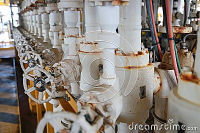 Manifold line of oil and gas production which controlled by program or technician petroleum. Stock Photo