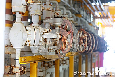 Manifold line of oil and gas production which controlled by program or technician petroleum. Stock Photo