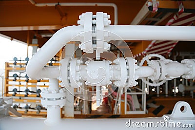 Manifold line of oil and gas production which controlled by program or technician petroleum. Stock Photo