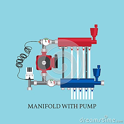 Manifold with Pump for warm floor. Vector illustration. Vector Illustration