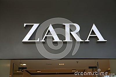 Manila, 22 March 2018 - Zara brand name on store entrance in SM Mall of Asia shopping mall. Everyday fashion store Editorial Stock Photo